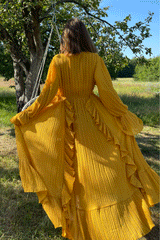 Maxi Dress, Boho Vintage Pleated Dress, Josephine Gown in Purple, Yellow, Pink and Brown