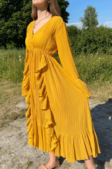 Maxi Dress, Boho Vintage Pleated Dress, Josephine Gown in Blue, Yellow, Orange and Pink