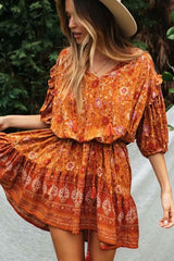 Mini Dress, Boho Dress, Sundress, Wild Floral in Indian Spice - Wild Rose Boho