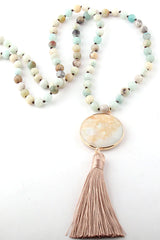 Boho Necklace, RH Amazonite Jasper, Circle Tassel Green White Natural Stone - Wild Rose Boho