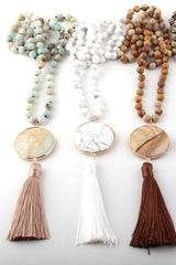 Boho Necklace, RH Amazonite Jasper, Circle Tassel Green White Natural Stone - Wild Rose Boho