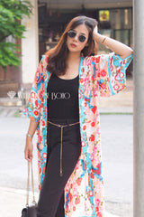 Boho Robe, Kimono Robe, Red Plum Blossom Seagul - Wild Rose Boho