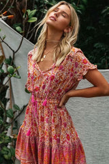 Mini Dress, Boho Dress, Sundress, Tunic Dress, Indian Flower in Pink and Black - Wild Rose Boho