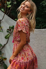 Mini Dress, Boho Dress, Sundress, Tunic Dress, Indian Flower in Pink and Black - Wild Rose Boho