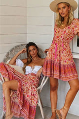 Mini Dress, Boho Dress, Sundress, Tunic Dress, Indian Flower in Pink and Black - Wild Rose Boho