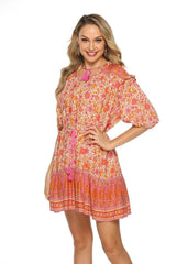 Mini Dress, Boho Dress, Sundress, Tunic Dress, Indian Flower in Pink and Black - Wild Rose Boho