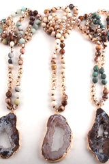 Boho Necklace, RH Amazonite Crystal Druzy Brown Natural Stone - Wild Rose Boho