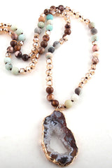 Boho Necklace, RH Amazonite Crystal Druzy Brown Natural Stone - Wild Rose Boho
