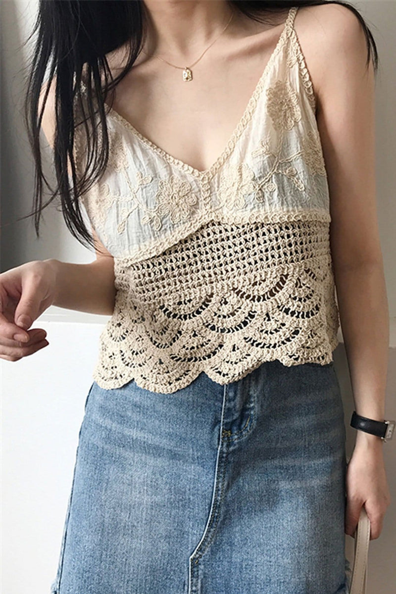 Boho Blouse, Strappy Crop Top, Camis Knitted in Maple Ivory - Wild Rose Boho