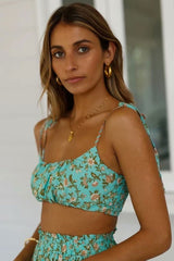 Boho 2 Piece Set, Matching Crop Top and Mini Skirt, Wild Floral in Mint Green - Wild Rose Boho