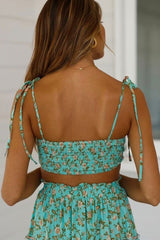 Boho 2 Piece Set, Matching Crop Top and Mini Skirt, Wild Floral in Mint Green - Wild Rose Boho
