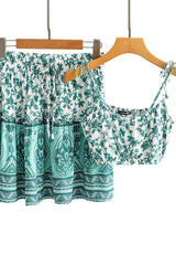 Boho 2 Piece Set, Matching Crop Top and Mini Skirt, Wild Floral in Green - Wild Rose Boho
