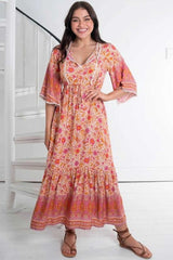 Boho Midi Dress, Sundress, Kaftan Dress, Indian Flower in Pink