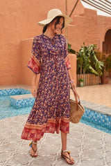 Midi Dress, Boho Dress, Sundress, Kaftan Dress, Indian Flower in Navy - Wild Rose Boho