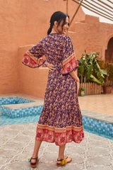 Midi Dress, Boho Dress, Sundress, Kaftan Dress, Indian Flower in Navy - Wild Rose Boho