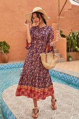Midi Dress, Boho Dress, Sundress, Kaftan Dress, Indian Flower in Navy - Wild Rose Boho