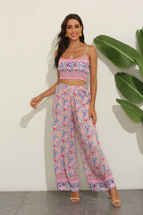 Boho 2 Piece Set, Matching Crop Top and Pant, Wild Floral in Pink - Wild Rose Boho
