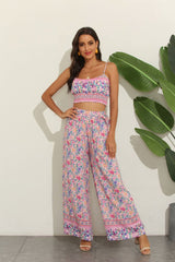 Boho 2 Piece Set, Matching Crop Top and Pant, Wild Floral in Pink - Wild Rose Boho