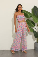 Boho 2 Piece Set, Matching Crop Top and Pant, Wild Floral in Pink - Wild Rose Boho