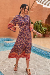 Midi Dress, Boho Dress, Sundress, Kaftan Dress, Indian Flower in Navy - Wild Rose Boho