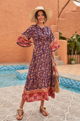 Midi Dress, Boho Dress, Sundress, Kaftan Dress, Indian Flower in Navy - Wild Rose Boho