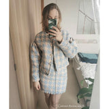 Autumn Winter 2 Piece Set, Matching Wool Plaid Jacket and Mini Skirt, Vintage Winter in Blue-White - Wild Rose Boho