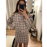 Autumn Winter 2 Piece Set, Matching Wool Plaid Jacket and Mini Skirt, Vintage Winter in Blue-White - Wild Rose Boho