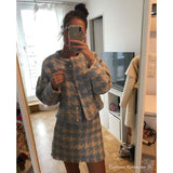 Autumn Winter 2 Piece Set, Matching Wool Plaid Jacket and Mini Skirt, Vintage Winter in Blue-White - Wild Rose Boho