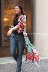 Boho Robe, Kimono Robe, Peony Green Red - Wild Rose Boho