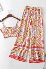 Boho 2 Piece Set, Matching Crop Top and Palazzo Pant, Wild Boho Square Pink - Wild Rose Boho