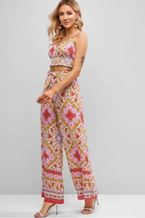 Boho 2 Piece Set, Matching Crop Top and Palazzo Pant, Wild Boho Square Pink - Wild Rose Boho