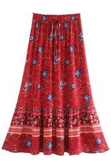 Boho Skirt, Midi Skirt, Wild Flower in Red and Navy - Wild Rose Boho