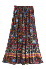 Boho Skirt, Midi Skirt, Wild Flower in Red and Navy - Wild Rose Boho
