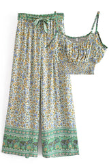 Boho Two Piece Set, Crop Top and Palazzo Pant, Elephant Roaming Jungle