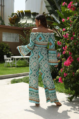 Boho 2 Piece Set, Matching Off Shoulder Crop Top and Pant, Wild Boho Square Green Mint - Wild Rose Boho