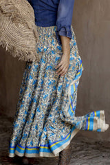 Boho Skirt, Asymmetric Maxi Skirt, Indian Blue Floral - Wild Rose Boho