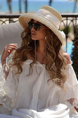 Boho Hat, Straw Hat, Floppy Vintage Hat, Linda White BLack Bow - Wild Rose Boho