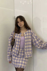 Autumn Winter 2 Piece Set, Matching Wool Plaid Jacket and Mini Skirt, Vintage Winter in Purple-White - Wild Rose Boho