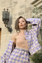 Autumn Winter 2 Piece Set, Matching Wool Plaid Jacket and Mini Skirt, Vintage Winter in Purple-White - Wild Rose Boho