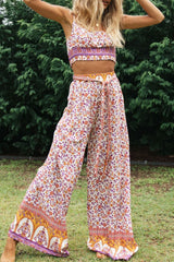 Boho 2 Piece Set, Matching Crop Top and Pant, Pink Little Flower - Wild Rose Boho
