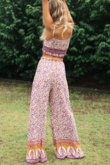 Boho 2 Piece Set, Matching Crop Top and Pant, Pink Little Flower - Wild Rose Boho