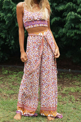 Boho 2 Piece Set, Matching Crop Top and Pant, Pink Little Flower - Wild Rose Boho