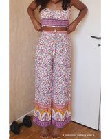 Boho 2 Piece Set, Matching Crop Top and Pant, Pink Little Flower - Wild Rose Boho