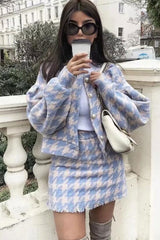 Autumn Winter 2 Piece Set, Matching Wool Plaid Jacket and Mini Skirt, Vintage Winter in Blue-White - Wild Rose Boho