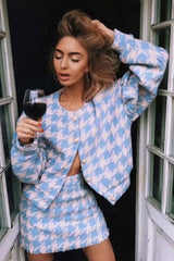 Autumn Winter 2 Piece Set, Matching Wool Plaid Jacket and Mini Skirt, Vintage Winter in Blue-White - Wild Rose Boho
