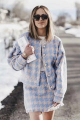 Autumn Winter 2 Piece Set, Matching Wool Plaid Jacket and Mini Skirt, Vintage Winter in Blue-White - Wild Rose Boho