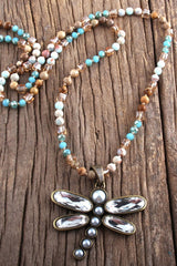 Boho Necklace, RH Crystal Dragonfly Blue Natural Stone - Wild Rose Boho