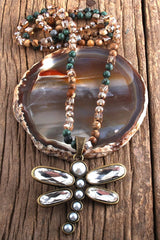 Boho Necklace, RH Crystal Dragonfly Blue Natural Stone - Wild Rose Boho