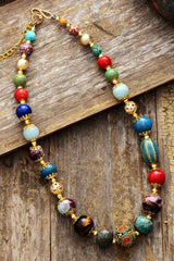 Boho Necklace, Choker Necklace, Blue & Gold Ethnic Elegant - Wild Rose Boho