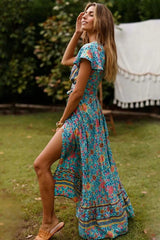 Maxi Dress, Sundress, Wrap Dress, Flower Song in Blue and White - Wild Rose Boho